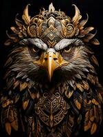 frente retrato de un águila, tatuaje patrón, negro y oro, ai generado. foto