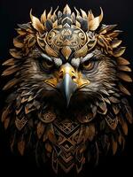 front portrait of an eagle, tattoo pattern, black and gold, AI generated. photo