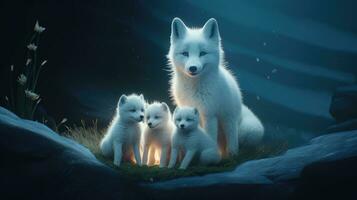 a family of white foxes on a dark background photo