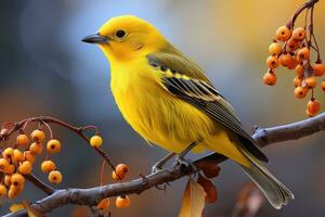 hermosa amarillo y azul pájaro en un rama de un cierne árbol foto