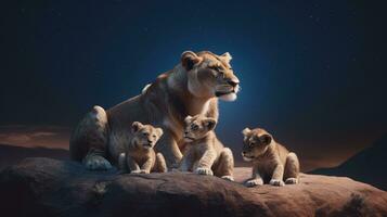 Lioness with her cubs in a dark night with stars background photo