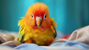 Beautiful yellow and orange parrot on a blue background closeup photo