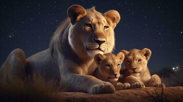 Lioness with her cubs in a dark night with stars background photo