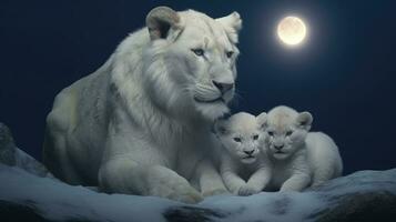 blanco leones con cachorros en el noche foto