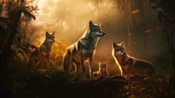 Group of wolves sitting at the edge of a river in the morning photo