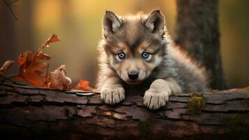 Cute puppy of alaskan malamute in autumn forest photo