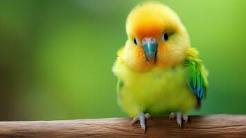 Beautiful yellow lovebird sitting on a wooden branch with blurred background photo