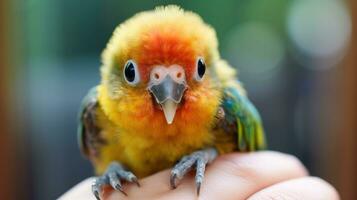 beautiful parrot sit on men hand blur background photo
