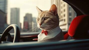 Portrait of a white cat in a red car on the background of the city photo