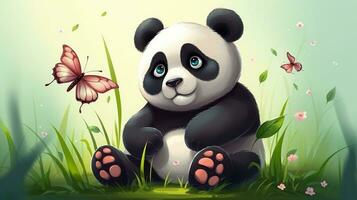 panda sitting in the grass with butterflies in the background photo