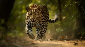 Leopard running in the forest photo