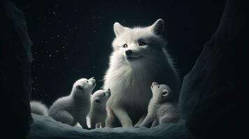 a family of white foxes on a dark background photo