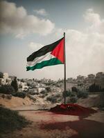 palestino bandera con destruido ciudad, ai generado. foto