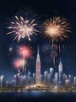 Celebrate the new year, a city with fireworks, AI generated photo
