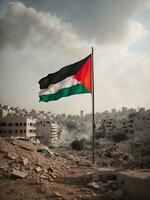 palestinian flag with destroyed city, AI generated. photo