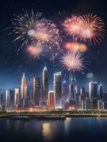 Celebrate the new year, a city with fireworks, AI generated photo