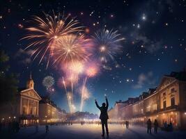 nuevo años celebracion a noche con fuegos artificiales, en un estrellado cielo, ai generado. foto