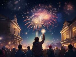 New Year's celebration at night with fireworks, in a starry sky, AI generated. photo