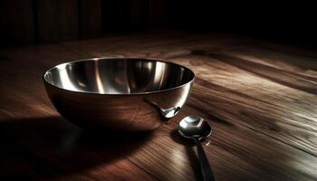 Wooden table with a close up of a single metal bowl generated by AI photo