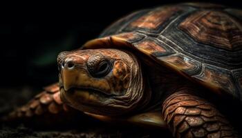 Slow crawling tortoise in nature, endangered species, close up of shell generated by AI photo