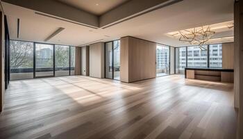 Modern design, clean and bright, with elegant parquet flooring generated by AI photo