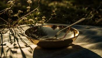 Wooden spoon on old rustic table with fresh organic food generated by AI photo