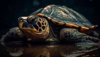 Cute turtle crawling in nature, its shell a beautiful pattern generated by AI photo