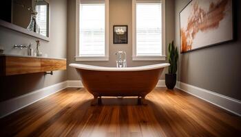 Modern, clean bathroom with elegant bathtub, wood flooring, and wide window generated by AI photo