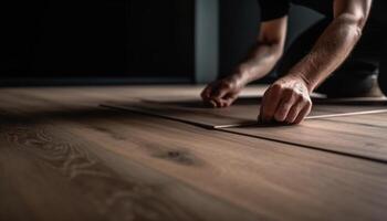 un experto carpintero trabajando en un de madera tablón adentro generado por ai foto