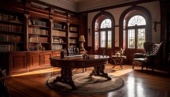 Modern home interior with elegant design, comfortable chair, and bookshelf generated by AI photo