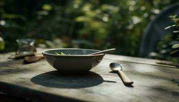 de madera mesa con Fresco alimento, cuchara, y cuenco al aire libre generado por ai foto