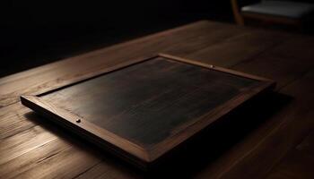 Wooden table with old book on dark background, rustic and empty generated by AI photo