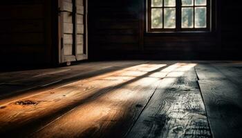 Old wooden plank flooring in a dark, empty domestic room generated by AI photo