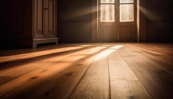 Empty modern apartment with dark hardwood flooring and illuminated window generated by AI photo