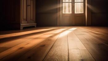 vacío moderno Departamento con oscuro madera dura piso y iluminado ventana generado por ai foto