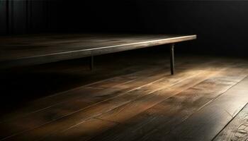 de madera mesa en un oscuro habitación con moderno diseño generado por ai foto
