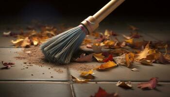 otoño hojas cubrir el de madera piso, creando un vistoso lío generado por ai foto