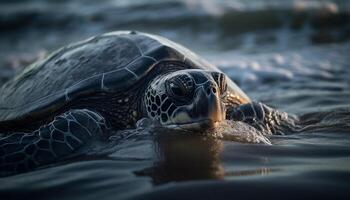 A slow turtle crawls underwater, its shell glistening in blue generated by AI photo