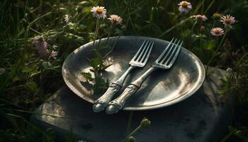 Fresco flor en de madera mesa, un sano vegetariano comida al aire libre generado por ai foto