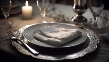 Luxury table setting with elegant silverware, candlelight, and exquisite cuisine generated by AI photo