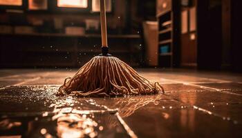 Working indoors, cleaning the wet floor with a broom and water generated by AI photo