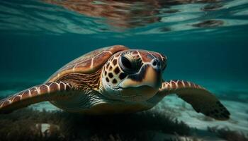 submarino Tortuga nadando en tranquilo azul mar con vistoso arrecife generado por ai foto