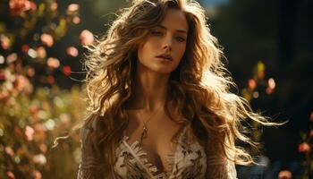 One young woman, with long brown hair, smiling outdoors generated by AI photo