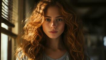 Young woman with long brown curly hair looking at camera smiling generated by AI photo