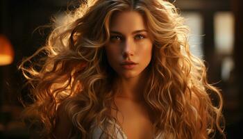 A beautiful young woman with long blond hair looking confidently generated by AI photo