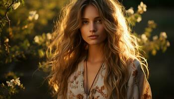 One young woman, outdoors in nature, with long brown hair generated by AI photo