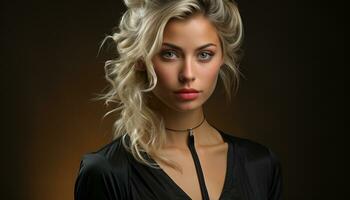 A beautiful blond woman exudes elegance and sensuality in fashion generated by AI photo