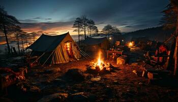 Camping in nature, fire natural phenomenon, flame lights tent outdoors generated by AI photo