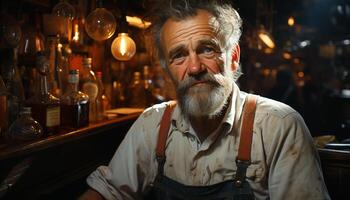 A confident senior man working in a workshop, smiling at camera generated by AI photo