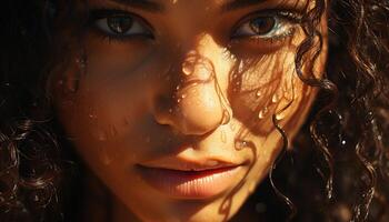 Smiling woman with wet hair enjoys nature beauty and freshness generated by AI photo